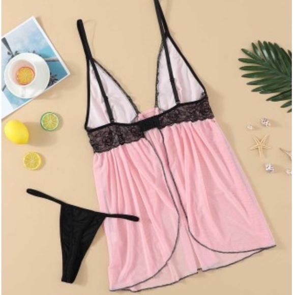 Pink Black lace tulle babydoll set with thong open - Picture 8 of 11